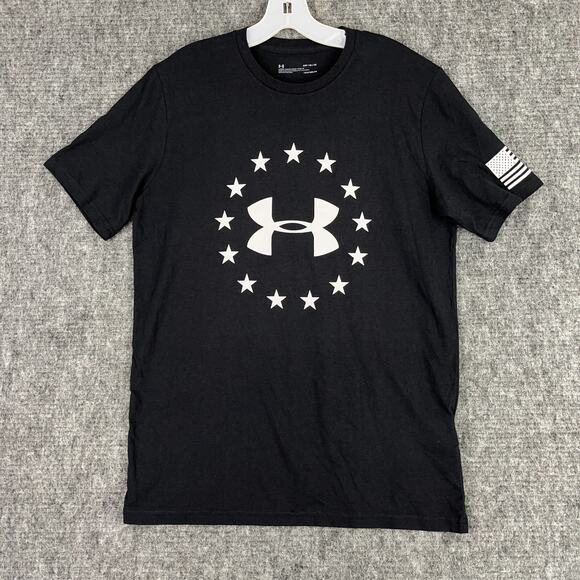 Under‎ Armour Mens Freedom Logo Active Tee Shirt M Black USA Flag Heatgear Loose - Picture 1 of 8